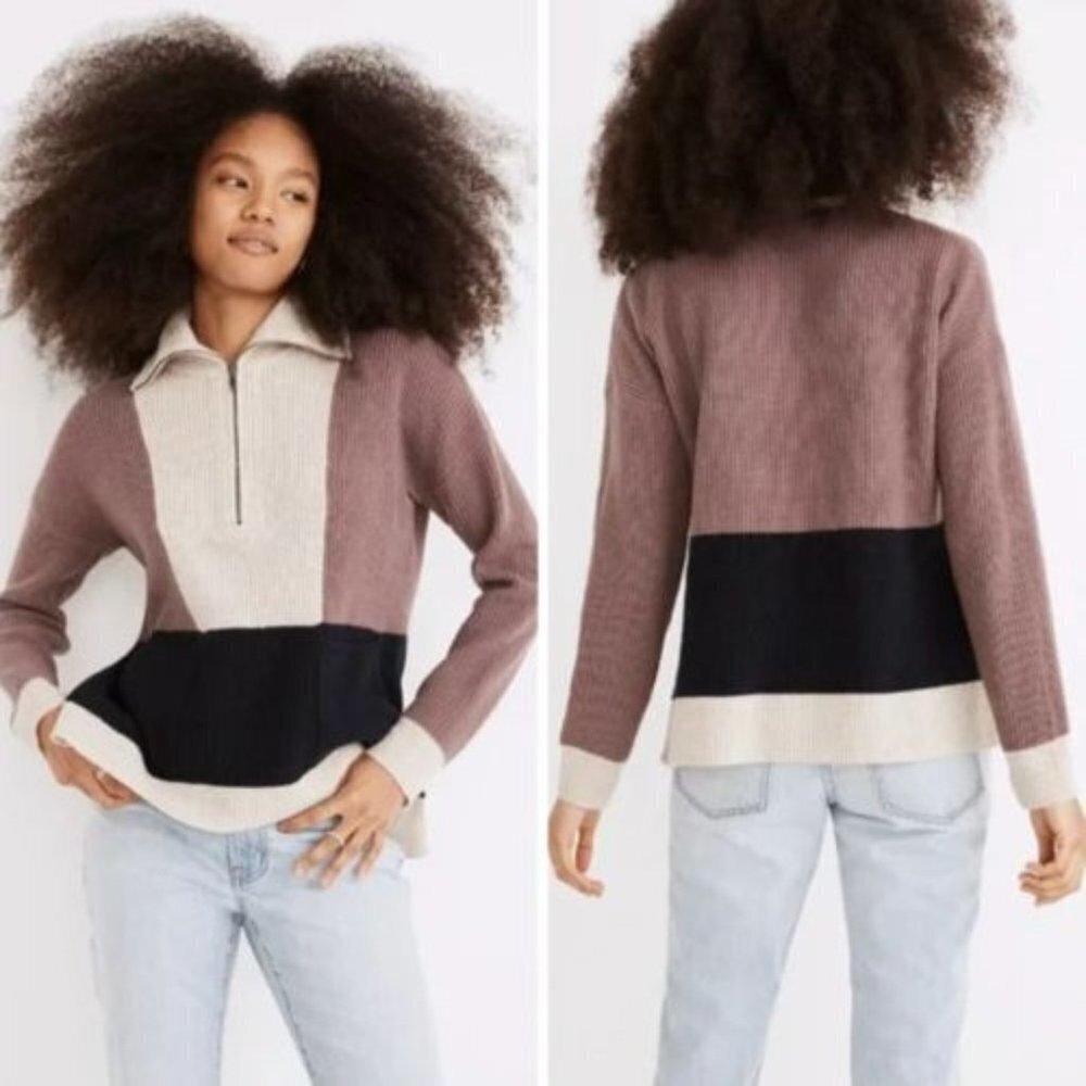 Madewell Colorblock Cowl Neck Sweater - Brown, Black, Cream